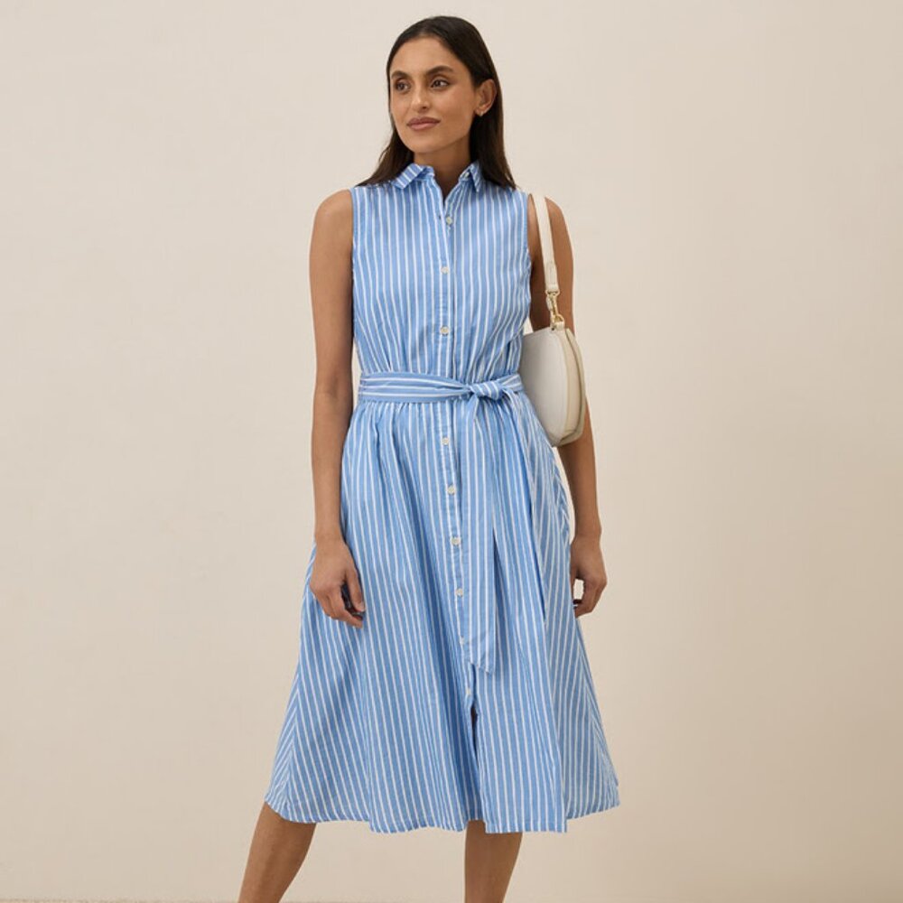 Pact NWOT Blue Bondi Stripe Sunset Lightweight Cotton Sleeveless Shirtdress XS